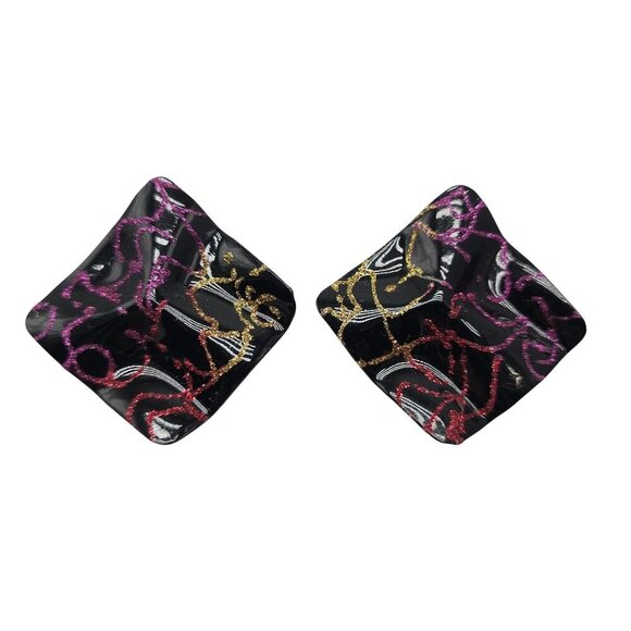 Vintage 1980s Abstract Black Enamel Earrings With Pink Gold Swirls - Picture 1 of 4